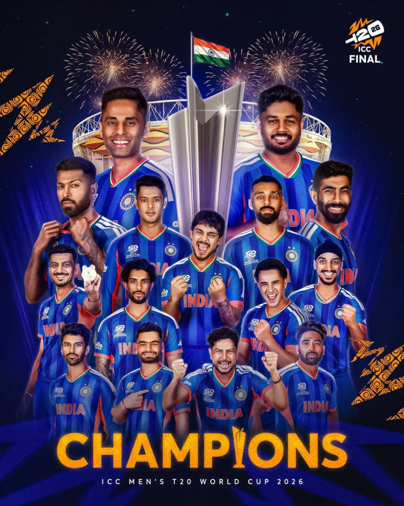India Script History! Clinical 96-Run Win Over NZ to Claim T20 World Cup 2026 Title.